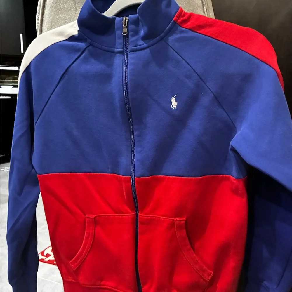 Polo by Ralph Lauren Men’s Red, Royal Blue & White Colorblock Crewneck Sweater